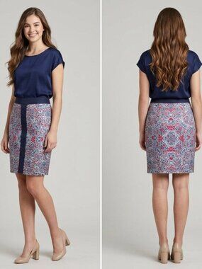 Brooks Brothers 100% Silk Paisley print Pencil Skirt Navy Red White Size 2 Lined